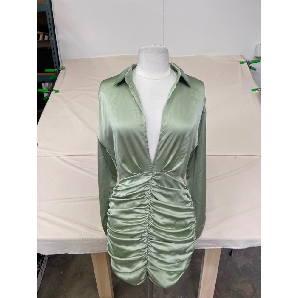 Europa The Label Sage Green Satin Ruched Mini Dress Long Sleeve V-Neck Small